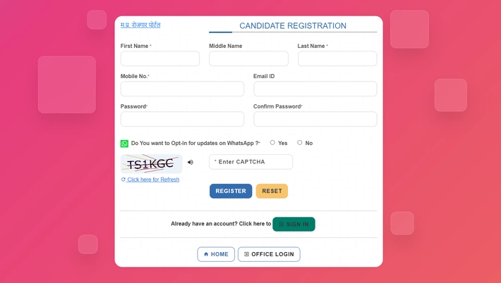 Madhya Pradesh Employment Exchange Online Renewal The candidate registration form, where users can start their mp rojgar panjiyan online registration by filling in personal details.