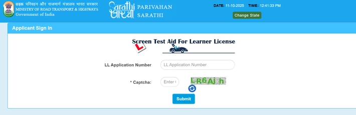 Driving Licence CBT Test Syllabus Screenshot of the Sarathi Parivahan portal for the Driving Licence CBT Test Syllabus sign-in page, requiring the LL Application Number for the Screen Test Aid. This test assesses knowledge of types of learning licence in India and the documents required for driving licence online.