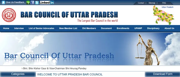 UP Bar Council Declaration Process Official website screenshot of the Bar Council of Uttar Pradesh, the largest bar council in the world, showing navigation links like Home, Interview, Enrollments, and Document, related to up bar council registration form and up bar council declaration form processes.