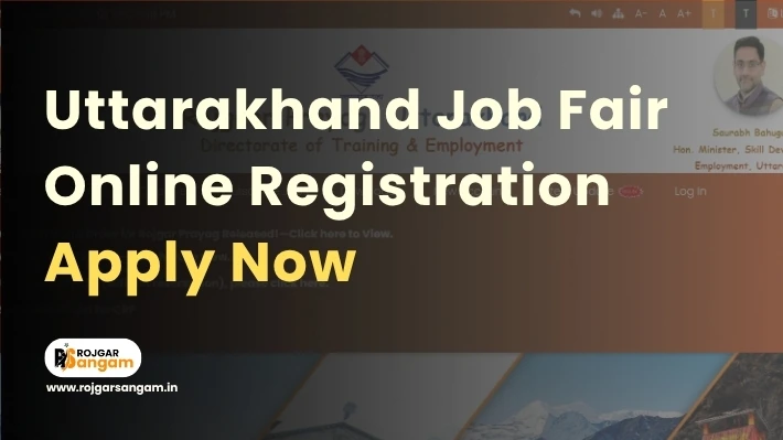 Uttarakhand job fair online registration [year] portal showing employment fair eligibility criteria, rojgar mela document checklist, and employment exchange district wise dates information on Rojgaar Prayag website for job seekers."